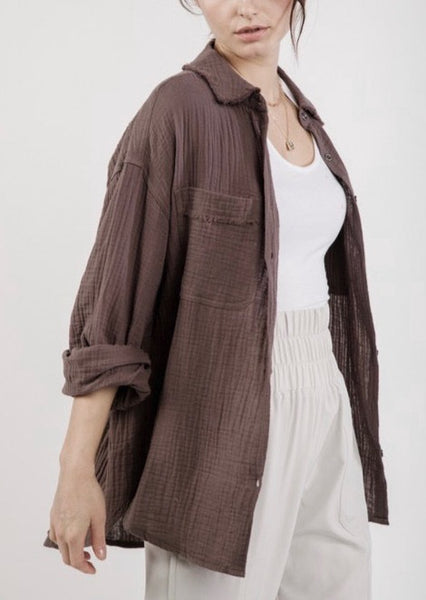 Mocha Cotton Textured Gauze Button-down Shirt ~FINAL SALE