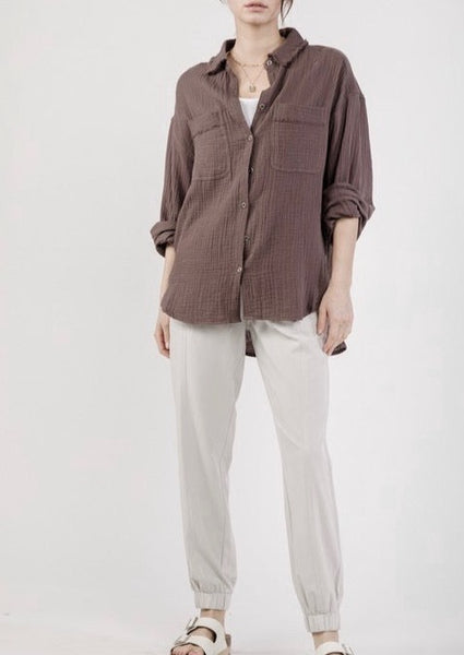 Mocha Cotton Textured Gauze Button-down Shirt ~FINAL SALE