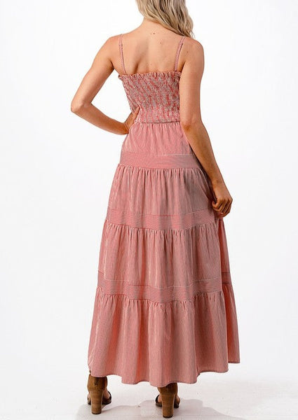 Red and White Striped Smocked Tiered Maxi Dress