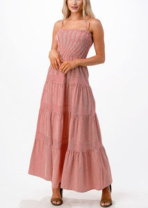 Red and White Striped Smocked Tiered Maxi Dress