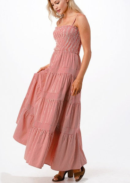 Red and White Striped Smocked Tiered Maxi Dress