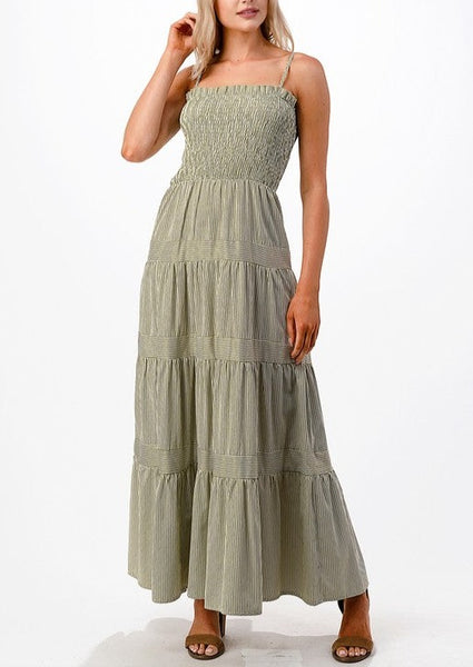 Olive and White Striped Smocked Tiered Maxi Dress
