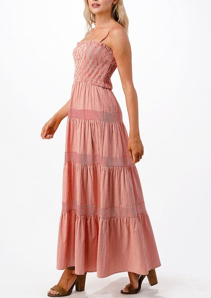Red and White Striped Smocked Tiered Maxi Dress