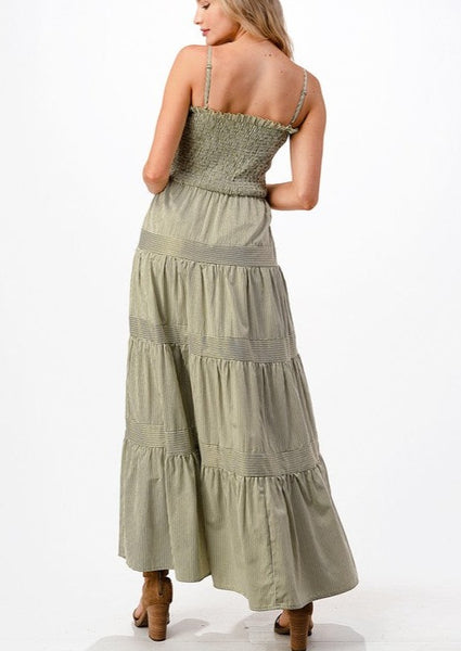 Olive and White Striped Smocked Tiered Maxi Dress