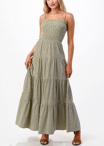 Olive and White Striped Smocked Tiered Maxi Dress