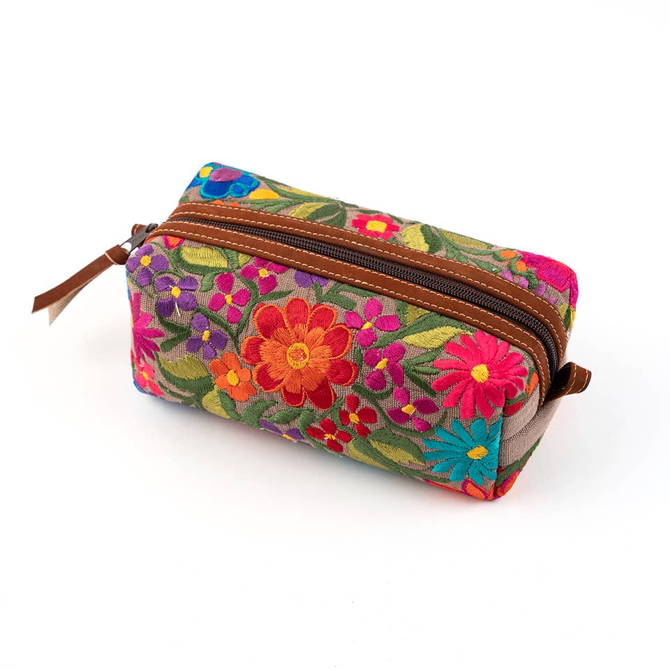 Floral Travel Cosmetic Case with leather trim ~FINAL SALE