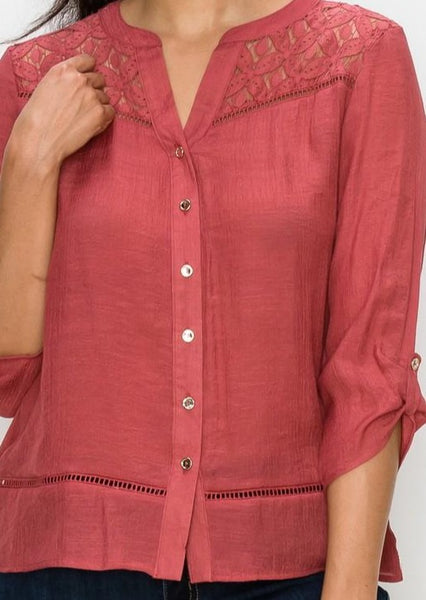 Henna Button Down Crochet Lace Yoke Top ~ FINAL SALE