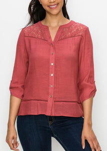 Henna Button Down Crochet Lace Yoke Top ~ FINAL SALE