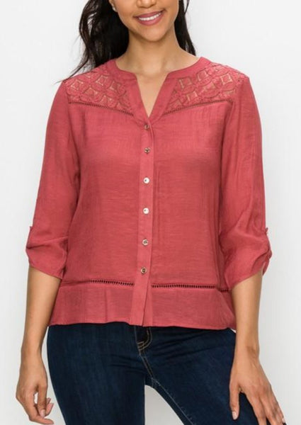 Henna Button Down Crochet Lace Yoke Top ~ FINAL SALE