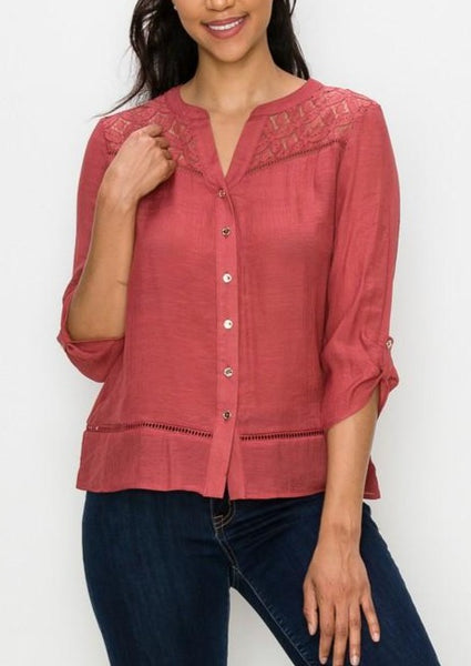 Henna Button Down Crochet Lace Yoke Top ~ FINAL SALE