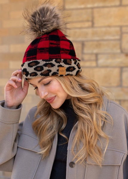 Buffalo Plaid Leopard Faux Fur Pom Detail Hat ~FINAL SALE
