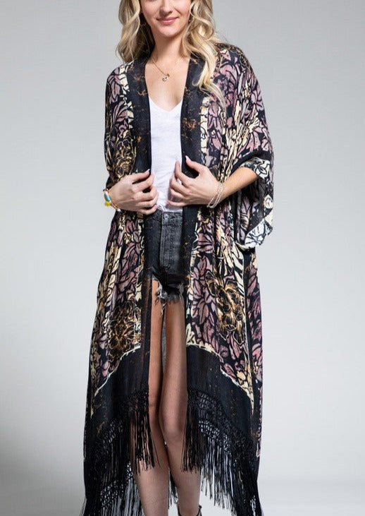 Bohemian Floral Kimono with Silky Fringe