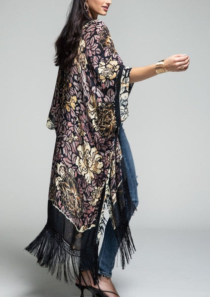 Bohemian Floral Kimono with Silky Fringe