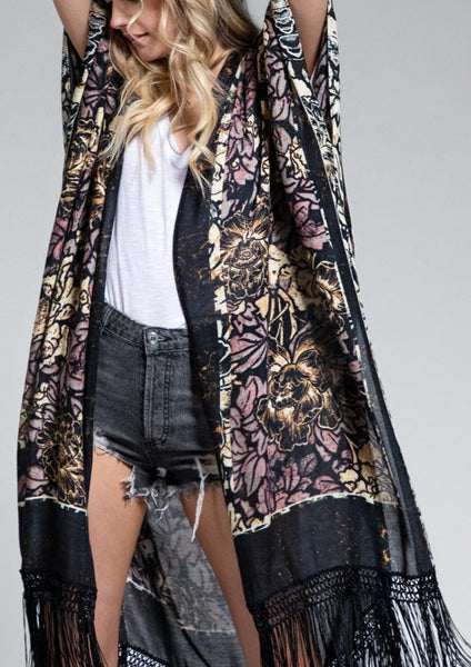 Bohemian Floral Kimono with Silky Fringe