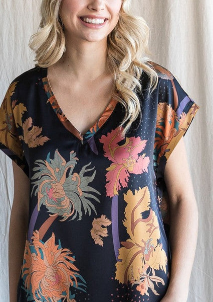 Midnight Floral Print Silky Top