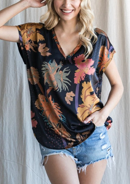 Midnight Floral Print Silky Top