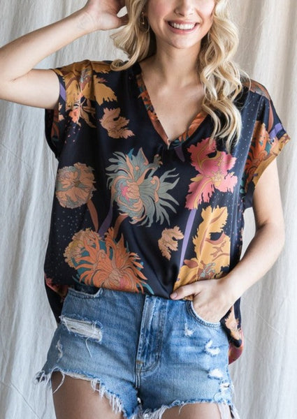 Midnight Floral Print Silky Top