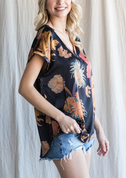 Midnight Floral Print Silky Top