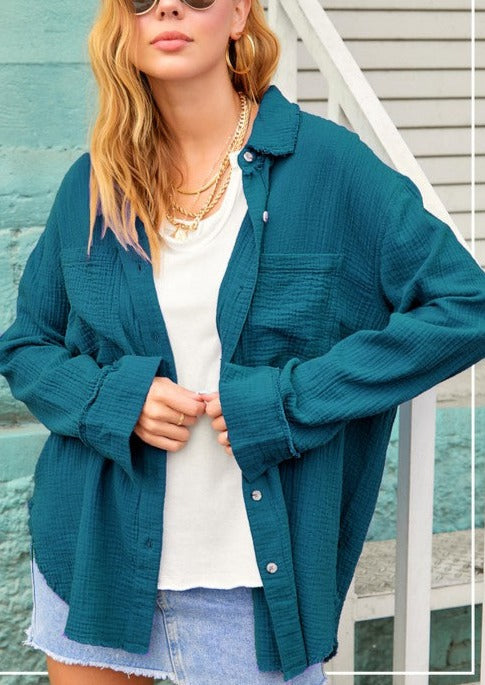 Teal Relaxed Crinkled Gauze Button down Shirt ~FINAL SALE
