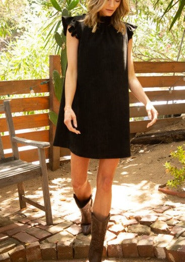 Black Faux Suede Ruffle Sleeve Dress-FINAL SALE