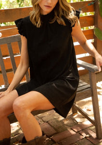 Black Faux Suede Ruffle Sleeve Dress-FINAL SALE