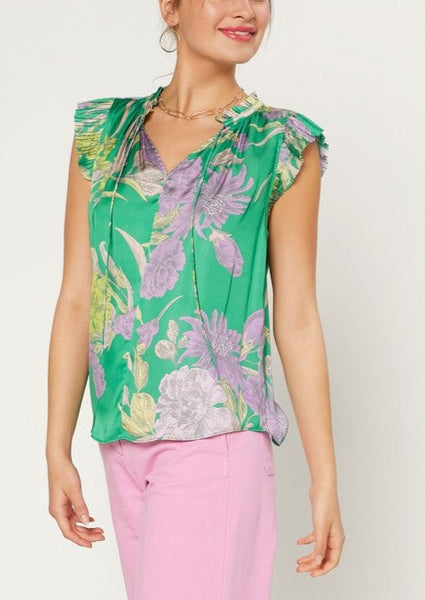 Currant Air Spring Floral Pleated Sleeve Top