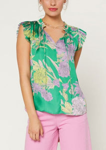 Currant Air Spring Floral Pleated Sleeve Top