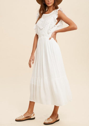 Ivory Lace Trim Smocked Waist Midi Dress