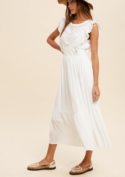 Ivory Lace Trim Smocked Waist Midi Dress