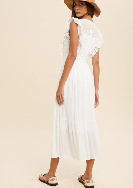 Ivory Lace Trim Smocked Waist Midi Dress