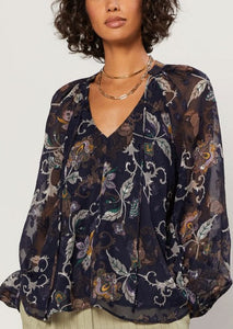 All About The Luster Navy Floral Sleeve Top