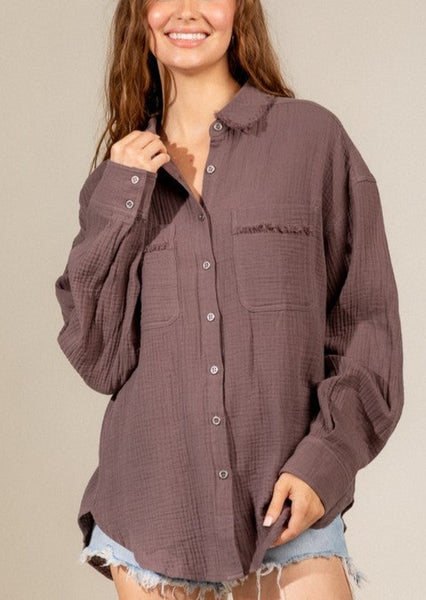 Mocha Cotton Textured Gauze Button-down Shirt ~FINAL SALE