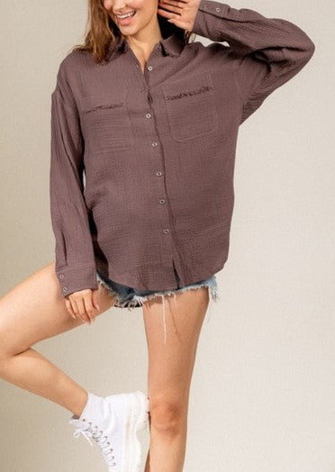 Mocha Cotton Textured Gauze Button-down Shirt ~FINAL SALE