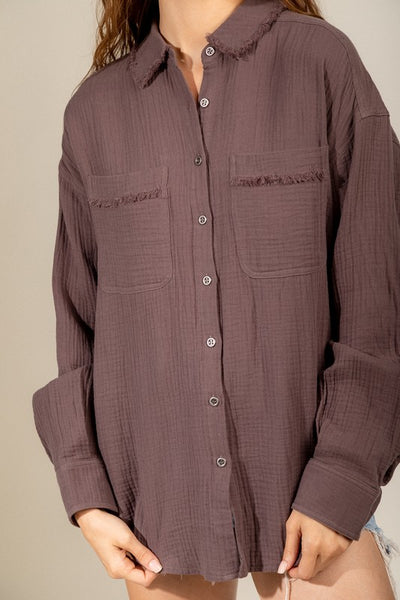 Mocha Cotton Textured Gauze Button-down Shirt ~FINAL SALE