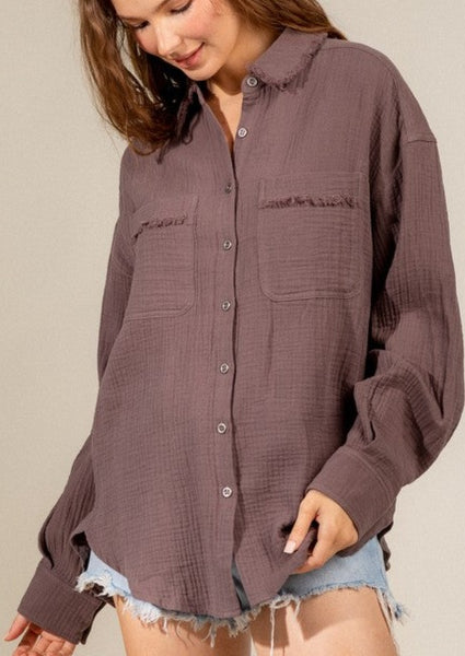 Mocha Cotton Textured Gauze Button-down Shirt ~FINAL SALE