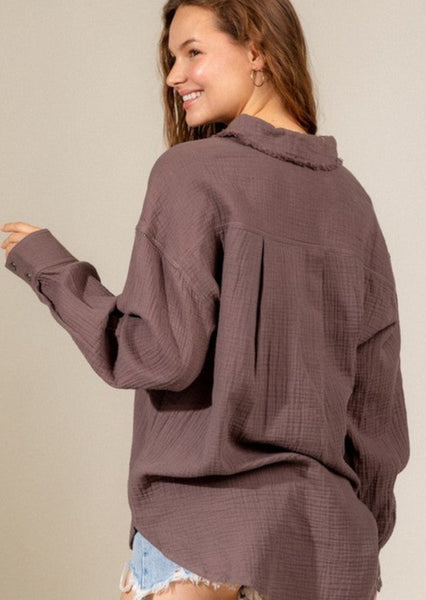 Mocha Cotton Textured Gauze Button-down Shirt ~FINAL SALE