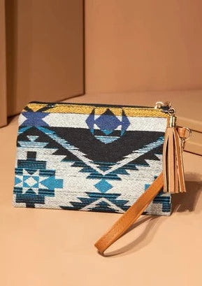 Aztec Print Wristlet Clutch Bag with Tassel