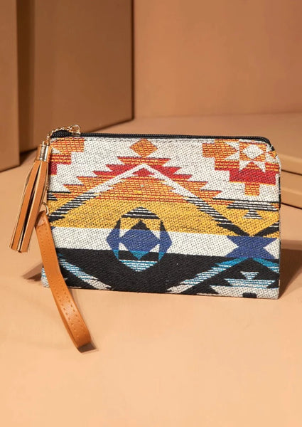 Aztec Print Wristlet Clutch Bag with Tassel