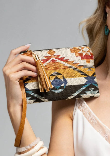 Aztec Print Wristlet Clutch Bag with Tassel