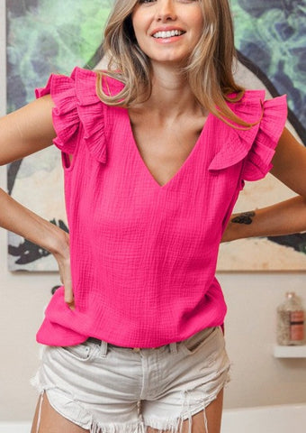 Double Ruffle Wrinkled Gauze V-Neck Top~FINAL SALE