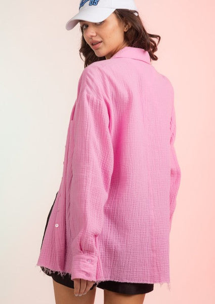 Long Sleeve Double Gauze Button Down Shirt in Pink