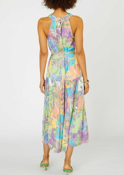 Color Block Multi Print Halter Neck Midi Dress