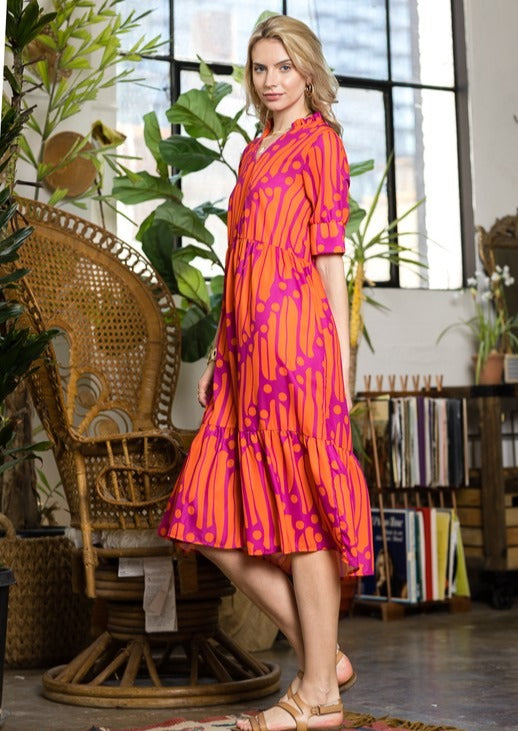 Bright and Cheery Marmalade Print Midi Dress