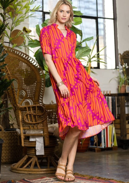 Bright and Cheery Marmalade Print Midi Dress