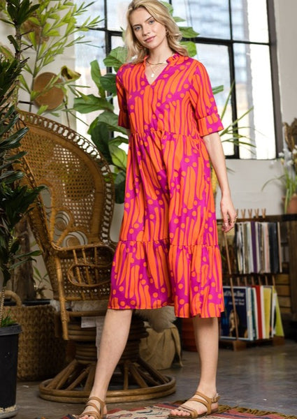 Bright and Cheery Marmalade Print Midi Dress
