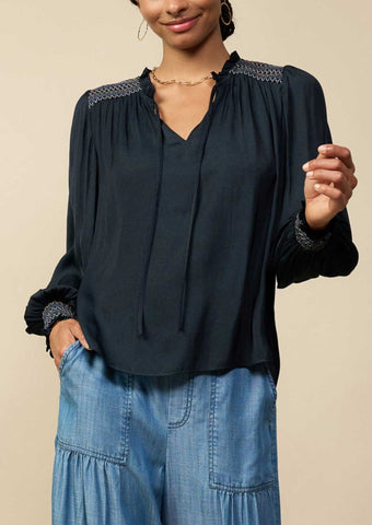 Contrast Yoke Navy Smocked Long Sleeve Blouse