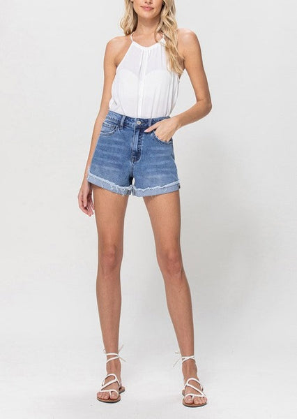 High Rise Cuffed Jean Denim Shorts with spandex