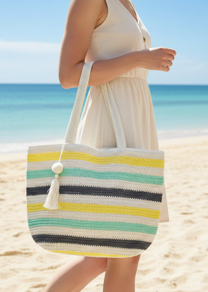 Pom Pom Tassel Multi Color Striped Tote Bag