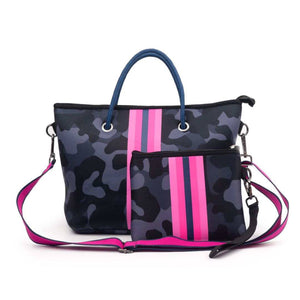 The Lucia Neoprene Medium Tote - Blue Camo with Pink Stripe. ~FINAL SALE