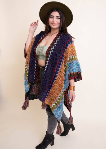 Colorful Crochet Patterned Ruana in Indigo